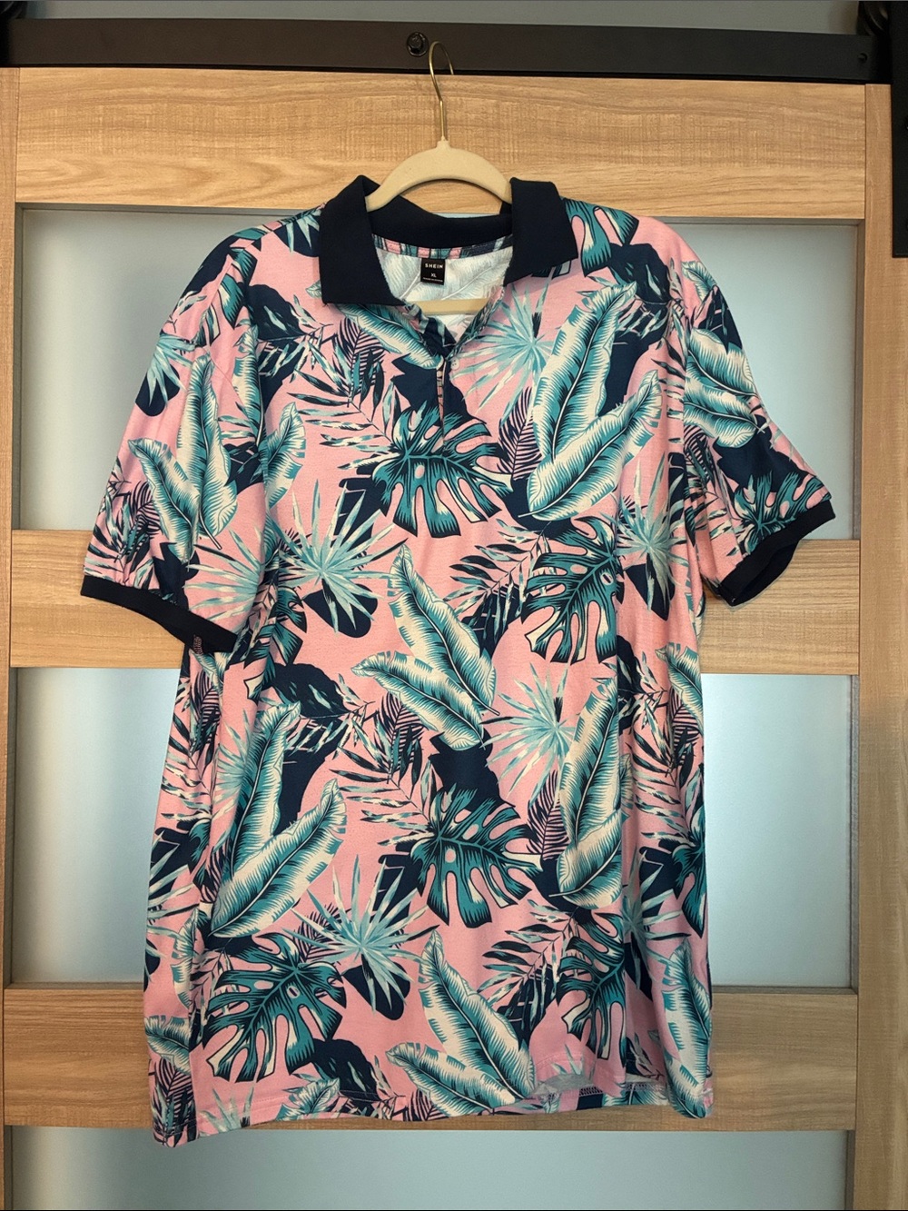 SHEIN Navy Collar Tee with Pink & Teal Leaf Print
